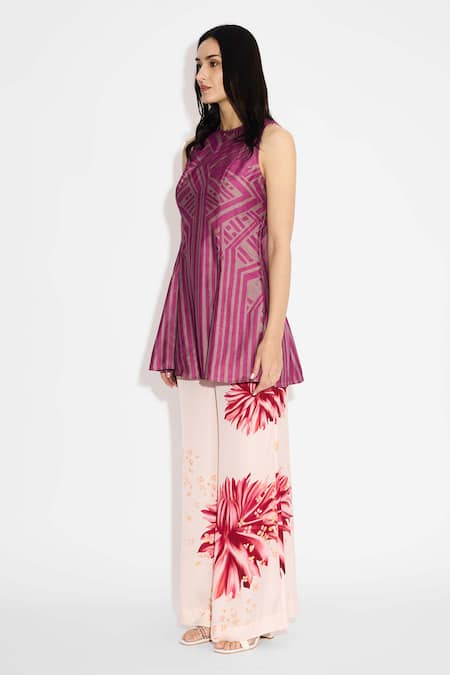 Buy_SHASHA GABA_Purple Polyester, Chanderi Round Neck Dark Mauve Designer Stripe Top _Online_at_Aza_Fashions