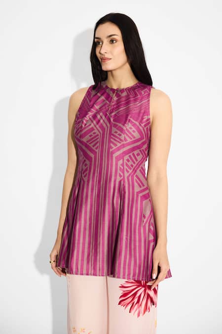Shop_SHASHA GABA_Purple Polyester, Chanderi Round Neck Dark Mauve Designer Stripe Top _Online_at_Aza_Fashions