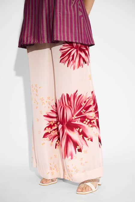 SHASHA GABA_Purple Polyester, Chanderi Round Neck Dark Mauve Designer Stripe Top _at_Aza_Fashions