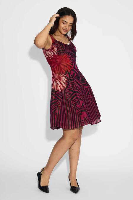 SHASHA GABA Black Satin, Tissue Scoop Neck Stripe Floral Short Dress Online at Aza Fashions SHASHA GABA_Black Satin, Tissue Scoop Neck Stripe Floral Short Dress _Online_at_Aza_Fashions
