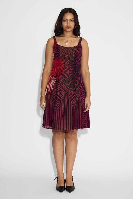 Buy SHASHA GABA Black Satin, Tissue Scoop Neck Stripe Floral Short Dress Online at Aza Fashions Buy_SHASHA GABA_Black Satin, Tissue Scoop Neck Stripe Floral Short Dress _Online_at_Aza_Fashions