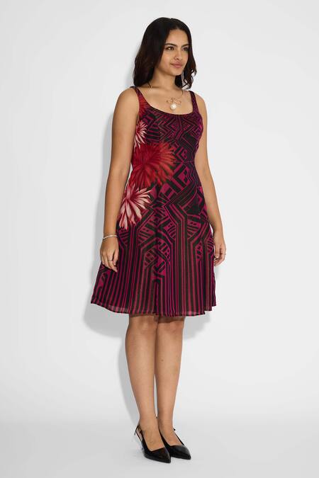 Shop SHASHA GABA Black Satin, Tissue Scoop Neck Stripe Floral Short Dress Online at Aza Fashions Shop_SHASHA GABA_Black Satin, Tissue Scoop Neck Stripe Floral Short Dress _Online_at_Aza_Fashions