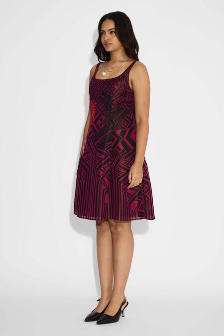 SHASHA GABA Black Satin, Tissue Scoop Neck Stripe Floral Short Dress at Aza Fashions SHASHA GABA_Black Satin, Tissue Scoop Neck Stripe Floral Short Dress _at_Aza_Fashions