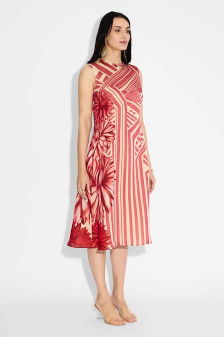SHASHA GABA_Beige Tissue, Satin Round Neck Stripe Floral Dress _Online_at_Aza_Fashions