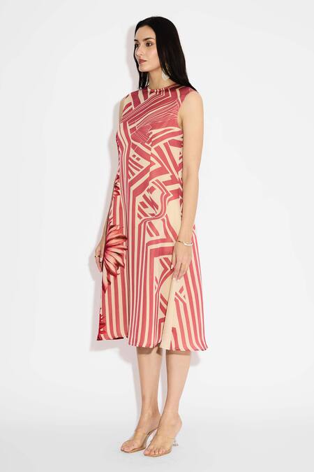 Buy_SHASHA GABA_Beige Tissue, Satin Round Neck Stripe Floral Dress _Online_at_Aza_Fashions