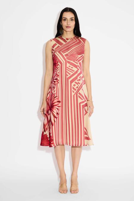 Shop_SHASHA GABA_Beige Tissue, Satin Round Neck Stripe Floral Dress _Online_at_Aza_Fashions