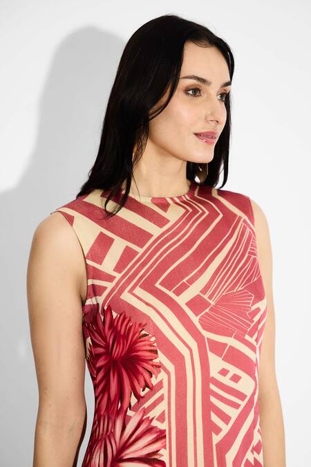 Shop_SHASHA GABA_Beige Tissue, Satin Round Neck Stripe Floral Dress 