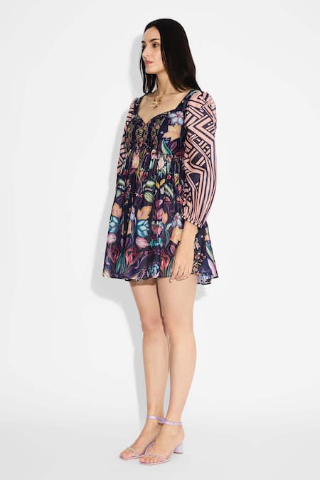 SHASHA GABA_Blue Polyester, Chanderi Sweetheart Neck Floral And Stripes Short Dress _Online_at_Aza_Fashions