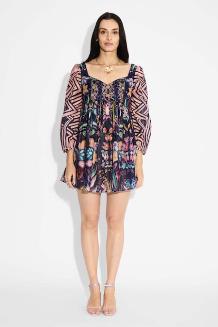 Buy_SHASHA GABA_Blue Polyester, Chanderi Sweetheart Neck Floral And Stripes Short Dress _Online_at_Aza_Fashions