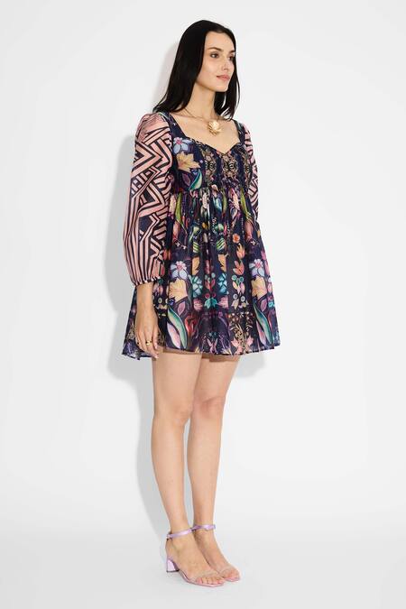 Shop_SHASHA GABA_Blue Polyester, Chanderi Sweetheart Neck Floral And Stripes Short Dress _Online_at_Aza_Fashions