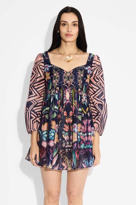SHASHA GABA_Blue Polyester, Chanderi Sweetheart Neck Floral And Stripes Short Dress _at_Aza_Fashions