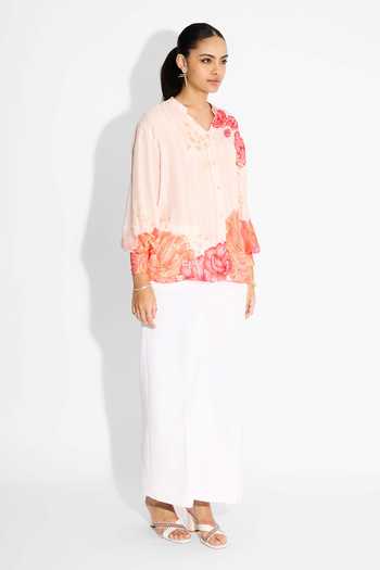 SHASHA GABA_Pink Twill V-neck Misty Rose Floral Stripe Shirt _Online_at_Aza_Fashions