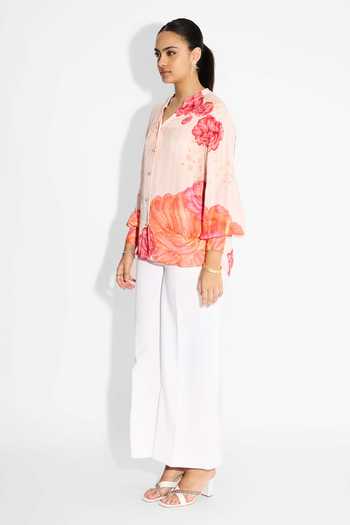 Buy_SHASHA GABA_Pink Twill V-neck Misty Rose Floral Stripe Shirt _Online_at_Aza_Fashions