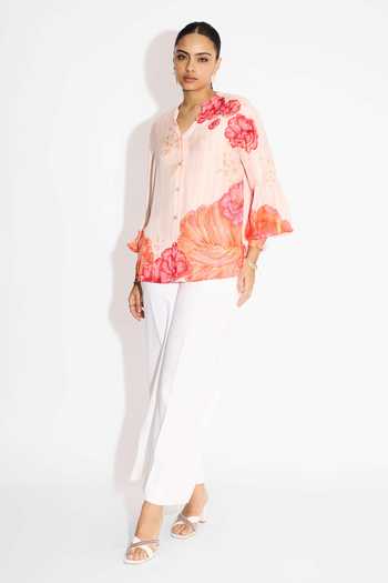 Shop_SHASHA GABA_Pink Twill V-neck Misty Rose Floral Stripe Shirt _Online_at_Aza_Fashions