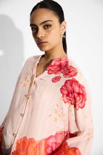 SHASHA GABA_Pink Twill V-neck Misty Rose Floral Stripe Shirt _at_Aza_Fashions
