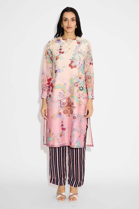 Shop_SHASHA GABA_Ivory Polyester, Chanderi Embroidery Round Neck Chintz Ombre Kurta Set _Online_at_Aza_Fashions