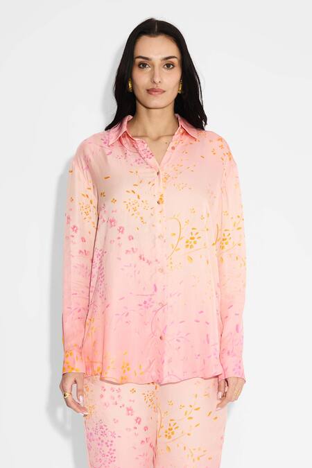 Shop SHASHA GABA Blush Collared Pink Ombre Floral Shirt And Pant Set Online at Aza Fashions Shop_SHASHA GABA_Blush Collared Pink Ombre Floral Shirt And Pant Set _Online_at_Aza_Fashions