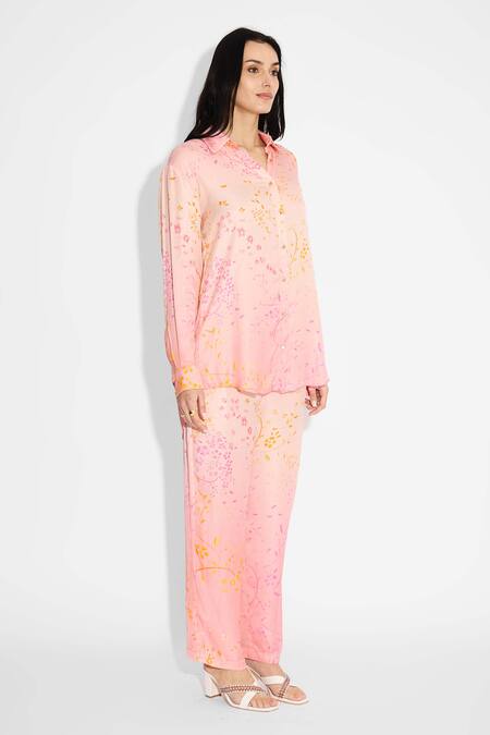 SHASHA GABA Blush Collared Pink Ombre Floral Shirt And Pant Set at Aza Fashions SHASHA GABA_Blush Collared Pink Ombre Floral Shirt And Pant Set _at_Aza_Fashions