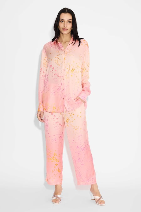 SHASHA GABA Blush Collared Pink Ombre Floral Shirt And Pant Set 