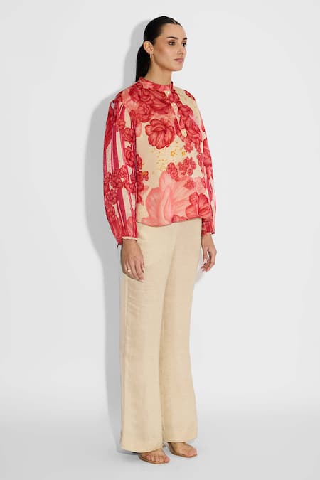 SHASHA GABA_Beige Satin, Tissue Collared Multi-floral Placket Shirt _Online_at_Aza_Fashions