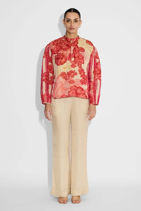 Buy_SHASHA GABA_Beige Satin, Tissue Collared Multi-floral Placket Shirt _Online_at_Aza_Fashions