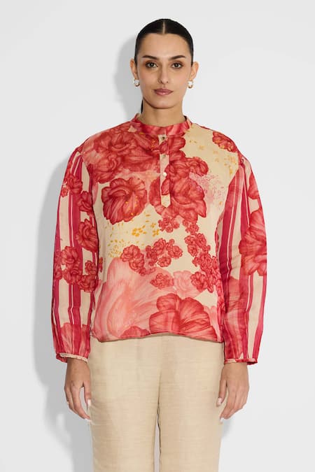 Shop_SHASHA GABA_Beige Satin, Tissue Collared Multi-floral Placket Shirt _Online_at_Aza_Fashions