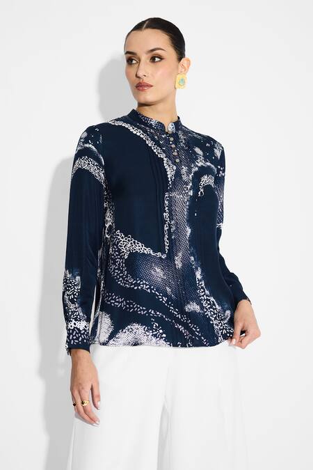 SHASHA GABA Blue Mandarin Collar Amorphous Pintuck Shirt Online at Aza Fashions SHASHA GABA_Blue Mandarin Collar Amorphous Pintuck Shirt _Online_at_Aza_Fashions