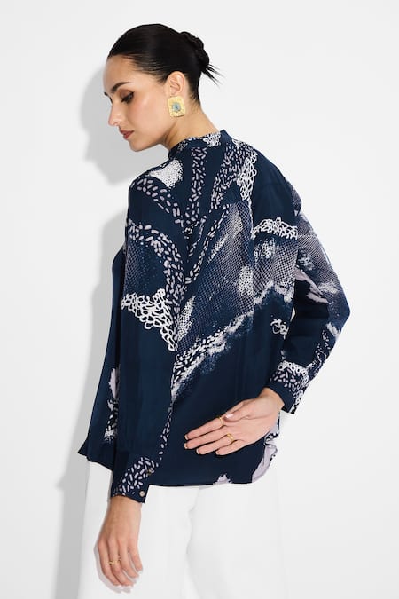 Shop SHASHA GABA Blue Mandarin Collar Amorphous Pintuck Shirt at Aza Fashions Shop_SHASHA GABA_Blue Mandarin Collar Amorphous Pintuck Shirt _at_Aza_Fashions