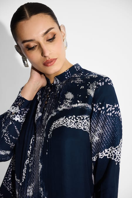 Buy SHASHA GABA Blue Mandarin Collar Amorphous Pintuck Shirt Online at Aza Fashions Buy_SHASHA GABA_Blue Mandarin Collar Amorphous Pintuck Shirt _Online_at_Aza_Fashions