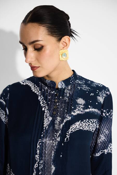 Shop SHASHA GABA Blue Mandarin Collar Amorphous Pintuck Shirt Online at Aza Fashions Shop_SHASHA GABA_Blue Mandarin Collar Amorphous Pintuck Shirt _Online_at_Aza_Fashions