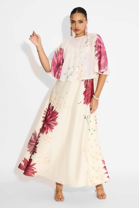 SHASHA GABA_Ivory Polyester Sequins V-neck Floral Cape And Dress Set _Online_at_Aza_Fashions