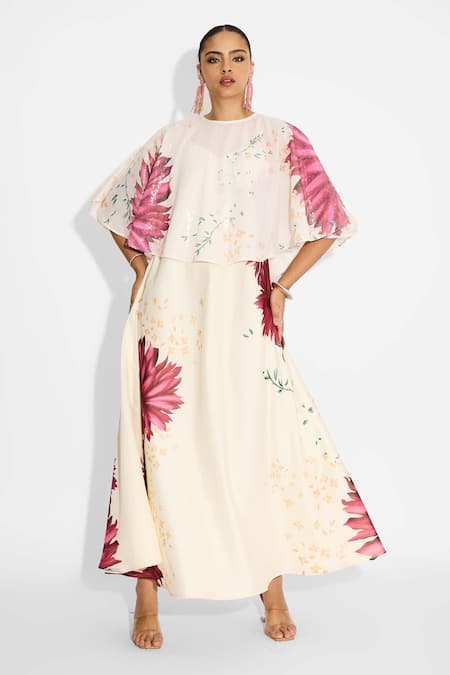 SHASHA GABA Ivory Floral Sequin Cape & Dress Set 