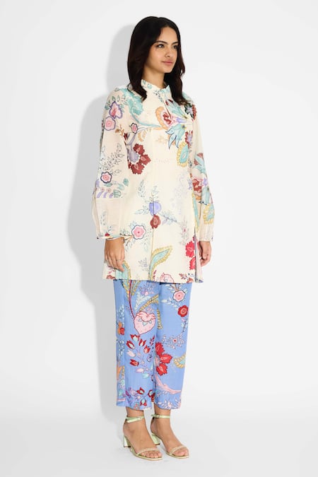 SHASHA GABA_Ivory Polyester, Chanderi Mandarin Collar Chintz Printed Double Slit Kurta _Online_at_Aza_Fashions