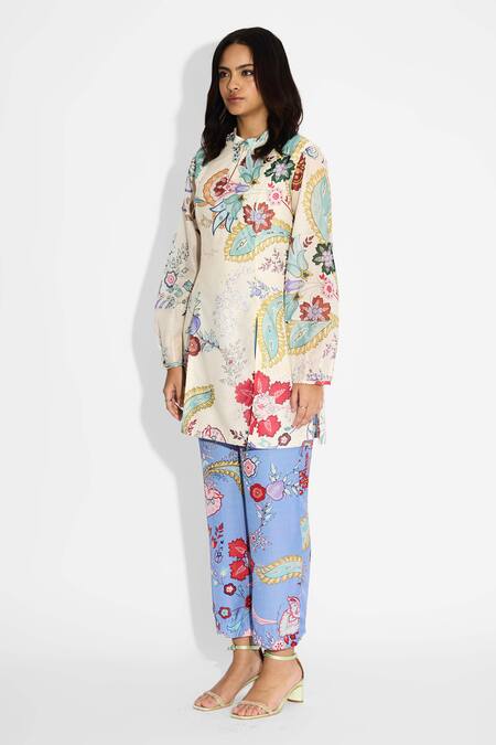 Buy_SHASHA GABA_Ivory Polyester, Chanderi Mandarin Collar Chintz Printed Double Slit Kurta _Online_at_Aza_Fashions