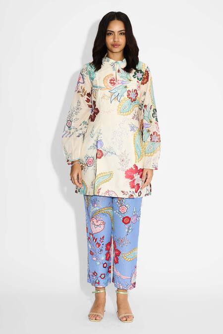 Shop_SHASHA GABA_Ivory Polyester, Chanderi Mandarin Collar Chintz Printed Double Slit Kurta _Online_at_Aza_Fashions
