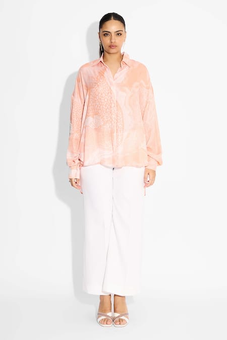 Buy_SHASHA GABA_Peach Collared Amorphous Print High Low Shirt _Online_at_Aza_Fashions