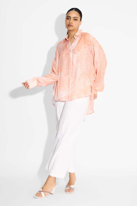 Shop_SHASHA GABA_Peach Collared Amorphous Print High Low Shirt _Online_at_Aza_Fashions