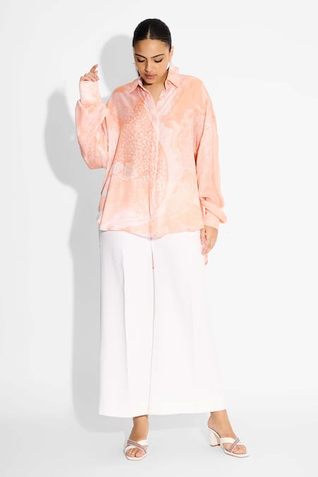 SHASHA GABA Peach Amorphous Print High Low Shirt 