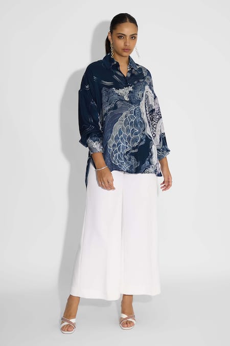 SHASHA GABA Blue Collared Obsedine Amorhpus Print Shirt 
