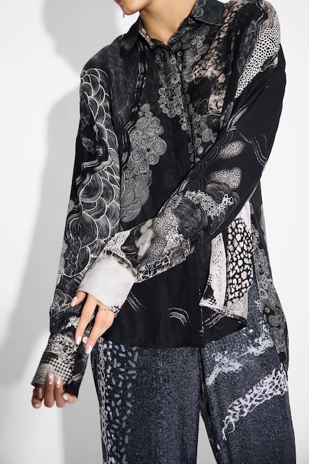Shop_SHASHA GABA_Black Collared Amorphous Print Shirt _Online_at_Aza_Fashions