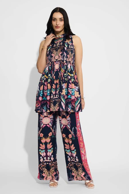 SHASHA GABA Blue Floral Peplum Top And Straight Pant Set 