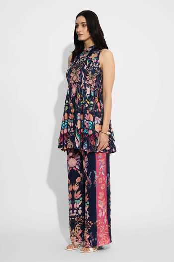 SHASHA GABA Blue High Neck Floral Peplum Top And Straight Pant Set Online at Aza Fashions SHASHA GABA_Blue High Neck Floral Peplum Top And Straight Pant Set _Online_at_Aza_Fashions