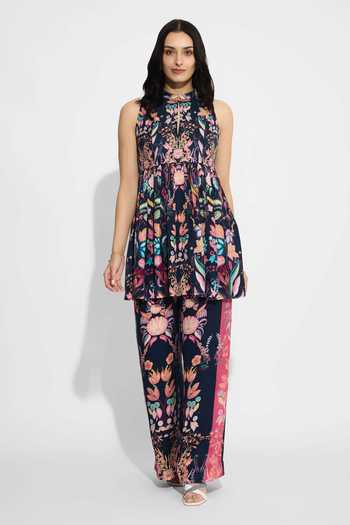 Buy SHASHA GABA Blue High Neck Floral Peplum Top And Straight Pant Set Online at Aza Fashions Buy_SHASHA GABA_Blue High Neck Floral Peplum Top And Straight Pant Set _Online_at_Aza_Fashions