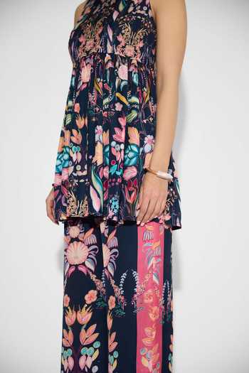 SHASHA GABA Blue High Neck Floral Peplum Top And Straight Pant Set at Aza Fashions SHASHA GABA_Blue High Neck Floral Peplum Top And Straight Pant Set _at_Aza_Fashions