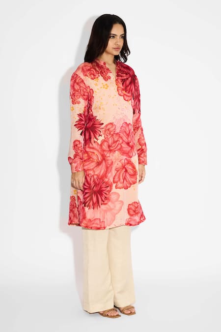 Shop_SHASHA GABA_Pink Satin, Tissue Mandarin Collar Floral Print Kurta _Online_at_Aza_Fashions