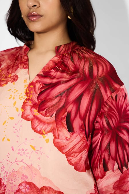 SHASHA GABA_Pink Satin, Tissue Mandarin Collar Floral Print Kurta _at_Aza_Fashions