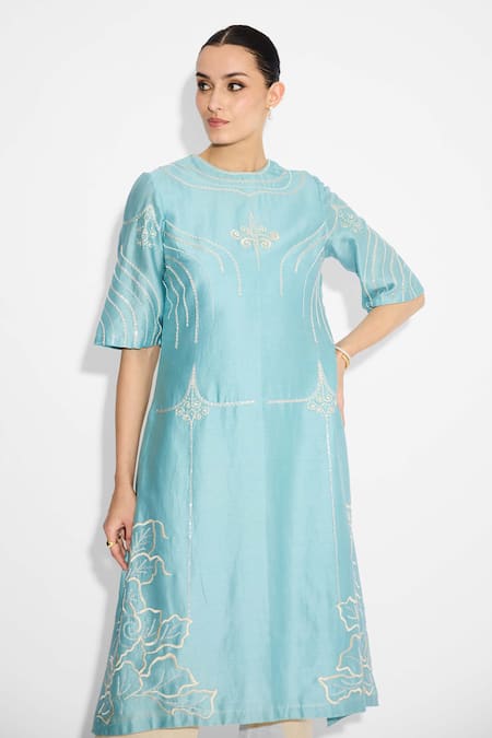 SHASHA GABA_Aqua Polyester, Chanderi Embroidery Round Neck Flare Kurta _Online_at_Aza_Fashions