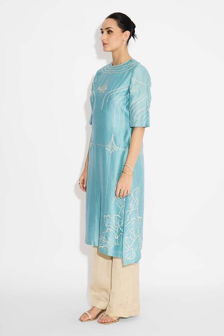 Buy_SHASHA GABA_Aqua Polyester, Chanderi Embroidery Round Neck Flare Kurta _Online_at_Aza_Fashions