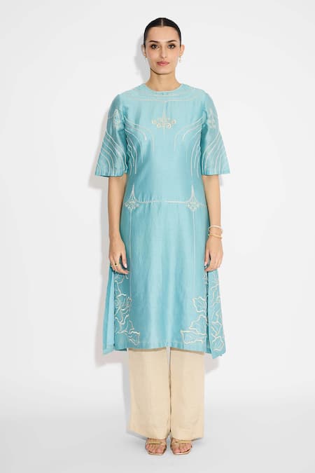Shop_SHASHA GABA_Aqua Polyester, Chanderi Embroidery Round Neck Flare Kurta _Online_at_Aza_Fashions