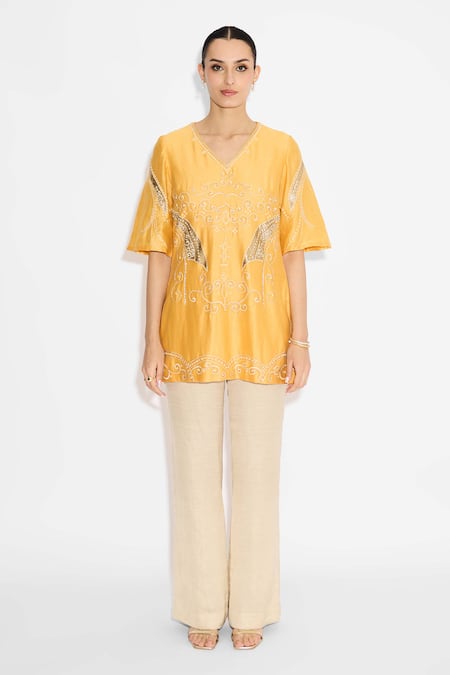 Shop_SHASHA GABA_Yellow Polyester, Chanderi Applique V-neck Short Kurta _Online_at_Aza_Fashions